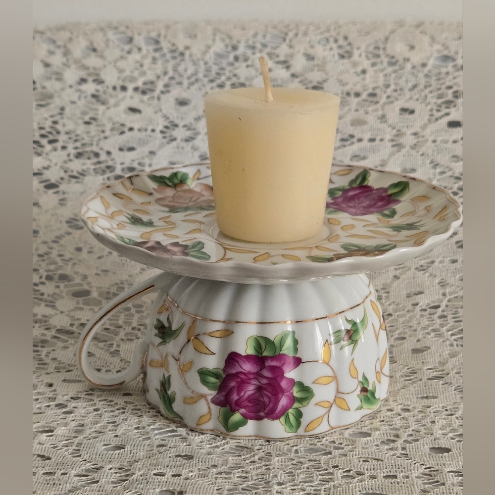 Upcycled Floral Teacup Candle Holder | White w/ Purple Roses | Home Décor